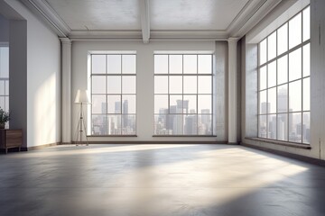 Illustration of an empty room with panoramic view of a cityscape through large windows. Generative AI