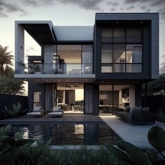 Luxury modern home overlooking pool at night cinematic lighting, ai generative 