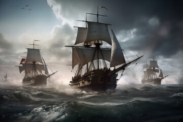 Fototapeta premium Epic Clash of Pirate Ships. Generative AI
