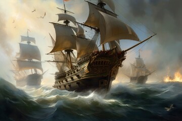  Epic Clash of Pirate Ships. Generative AI - obrazy, fototapety, plakaty