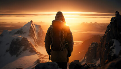 Hiker stands at the summit of a difficult mountain climb - Generative AI - 588088142