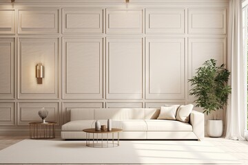 Fototapeta na wymiar modern living room with a white sofa and coffee table. Generative AI