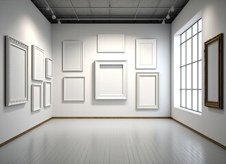 empty room with multiple white blank mock up frames, ai generative