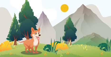 cute dog playing in the mountains. Nature cute illustration vector.
