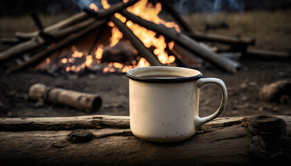 White enamel cup of hot steaming coffee on old log - Generative AI