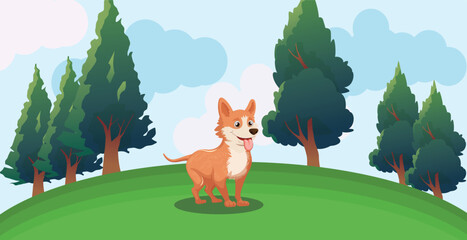 cute dog playing in the mountains. Nature cute illustration vector.