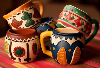 A set of hand-painted Mexican clay mugs. Cinco de Mayo. Generative AI