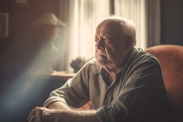 Obraz premium Senior grandfather sitting in the living room on the sofa couch, feeling nostalgic, pain, missing his grandchildren, bankruptcy, and fraud at home. Generative AI