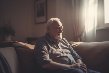 Senior grandfather sitting in the living room on the sofa couch, feeling nostalgic, pain, missing his grandchildren, bankruptcy, and fraud at home. Generative AI