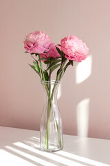 pink peonies in a glass vase on a white table surface