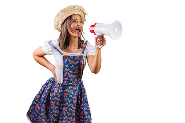 Brazilian woman wearing country clothes, São João party, Junina party. with megaphone announcing...