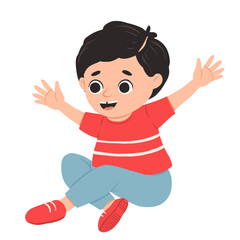 Cartoon happy boy sitting and smiling. Cute vector illustration isolated on white background.