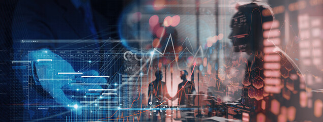 Business strategy and Digital marketing..Business and economic growth on global business network, Data analysis of financial and banking, Customer service, Technology and data connection, Teamwork.