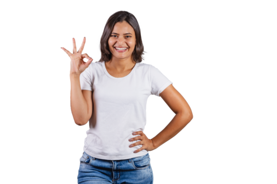 beautiful brazilian woman. denim and white. ok sign with fingers. right, all great.