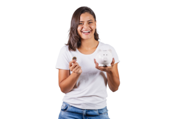 Brazilian woman with piggy bank and coin. finance, savings. investment.