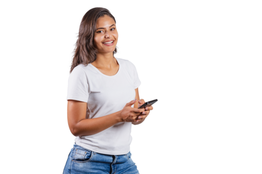 Brazilian woman, with smartphone, using her cell phone.