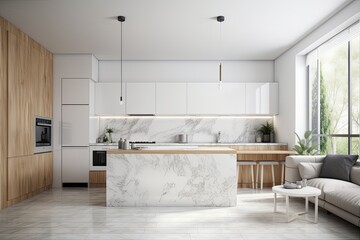 modern kitchen with a sleek marble countertop and adjacent living area. Generative AI