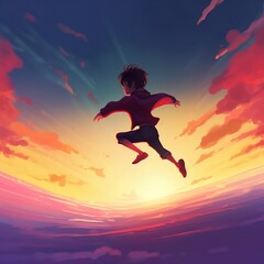 Fototapeta na wymiar Young boy flying through the air at sunset digital art style illustration painting (ai)