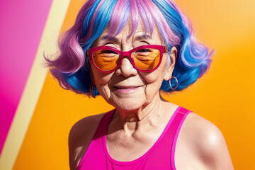 Portrait of an elderly Asian woman with bright colored hair and sunglasses on the background of an abstract painting, summer brightness. Generative AI.