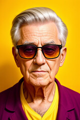 Portrait of an elderly caucasian man on yellow background, summer brightness. Generative AI.