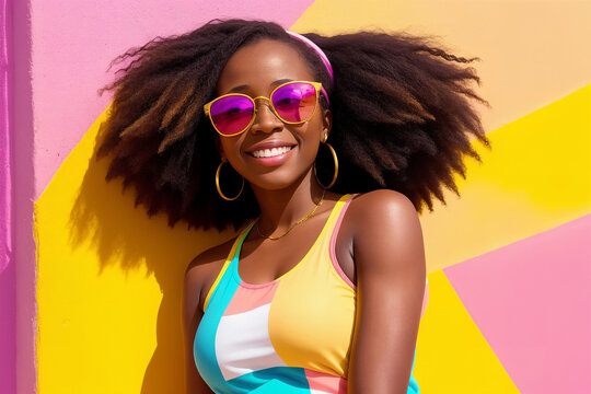 Portrait of a young african american woman with sunglasses on abstract painted background, summer vibrancy. Generative AI.