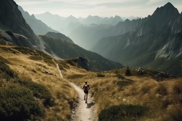 Fototapeta na wymiar A man running on a scenic and winding mountain trail with a vast and breathtaking alpine landscape in the background Generative AI