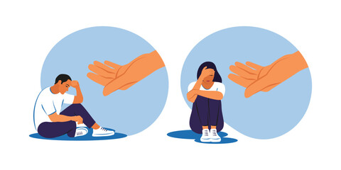 Fototapeta na wymiar Psychotherapy, help and support, a counseling session concept. Sad man and woman getting help and cure from stress. Helping hand. Vector illustration.