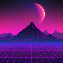 Synthwave calming landscape with moon made with Generative AI