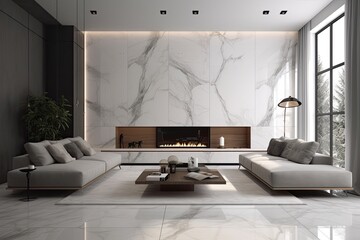 modern living room with sleek marble walls and flooring. Generative AI