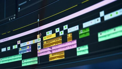 Video editing on a computer. Monitor the computer and capture the work of the program for video editing: the fragments are connected together. Video processing, postproduction, clip maker - Powered by Adobe