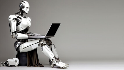 A sitting humanoid female robot with a laptop on her lap, on a gray background with free space for any inscription or text. Generative AI