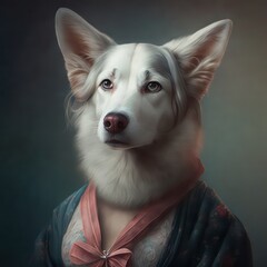 Dog wearing fantasy dress. illustration. Digital art style, Generative AI.