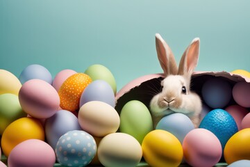 Cute rabbit with colourful,colorful easter egg wallpaper background. Generative AI.