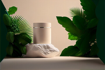Jar with tropical monstera leaf on beige background . Brand packaging mockup. AI Generated