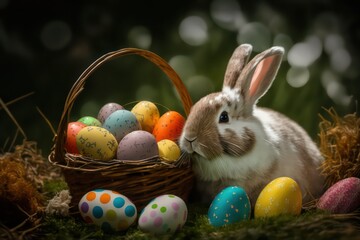 Fototapeta na wymiar Colourful of easter egg in basket with cute bunny rabbit. Festival of easter. Rabbit in basket with blur effect wallpaper background. Generative AI.