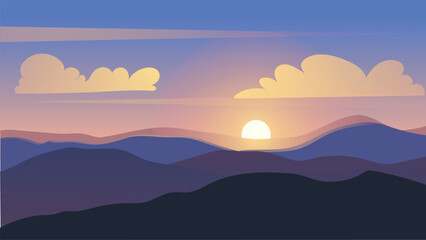 Scenic mountain landscape illustration with colorful sky  