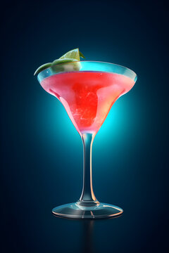 Bright Red Cocktail In Martini Glass On Dark Blue Gradient Background. Generative AI.
