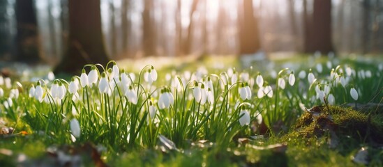 Spring flowers in the forest on blurry background. New fresh snowdrop blossom on beautiful morning with sunlight. General plan of blooming snowdrops (galanthus nivalis). Generative AI. 16:9