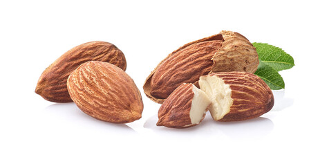 Almonds kernel in closeup with leaves