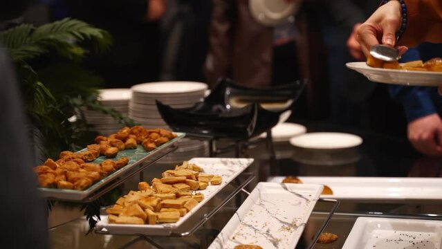 Open buffet with shiny look. Buffet restaurant, the hotel restaurant. Turkish or Arabic food