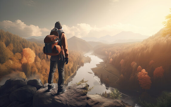 Hiker with backpack standing on the edge of a cliff and looking at the river, Generative AI