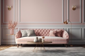 modern living room with a pink couch and a white rug. Generative AI