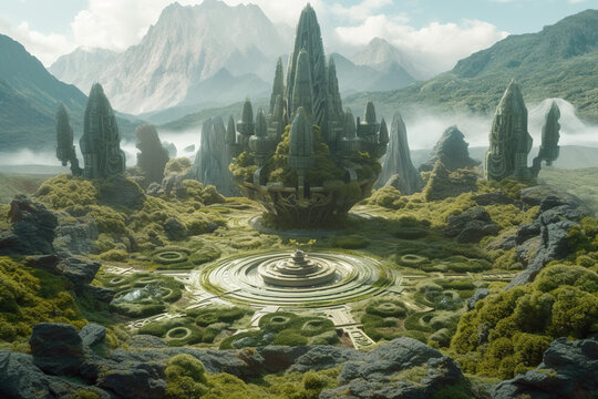 Fantasy alien planet. Mountain and meadow. Generative AI