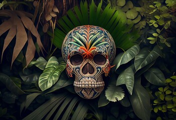 A sugar skull with a jungle theme, viewed from above on a foliage background. Generative AI