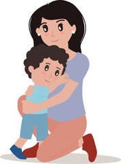 Portrait of woman mom cheer up hug her child son little boy illustration