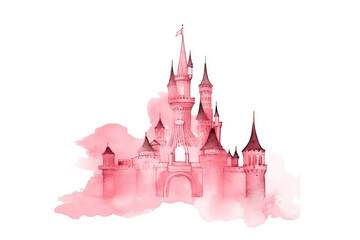 Pink fairy tale castle watercolor painting illustration. Prince and princess magic castle.