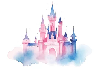 Fotobehang Pink and blue magic castle. Fairy tale castle illustration. © Let's-Get-Creative