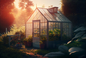 Beautiful greenhouse glass house in the garden yard near the villa. AI Generated