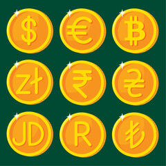Obraz premium Currencies set of golden signs dollar hryvnia zloty lira rand rupee dinar 