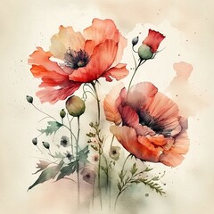 Watercolored poppy flowers